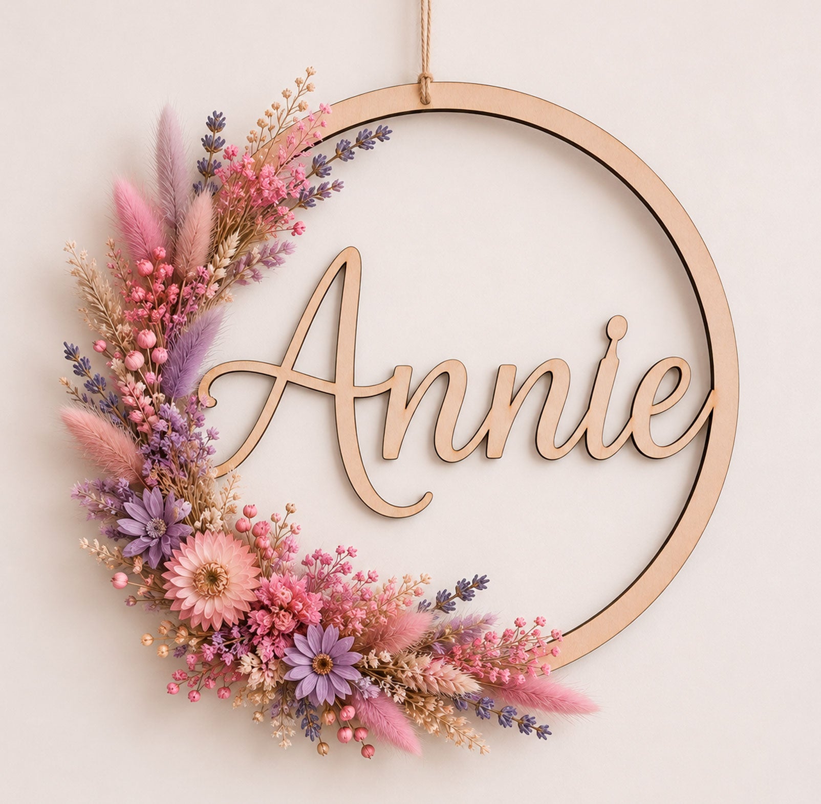 Gepersonaliseerde houten naamkrans met droogbloemen